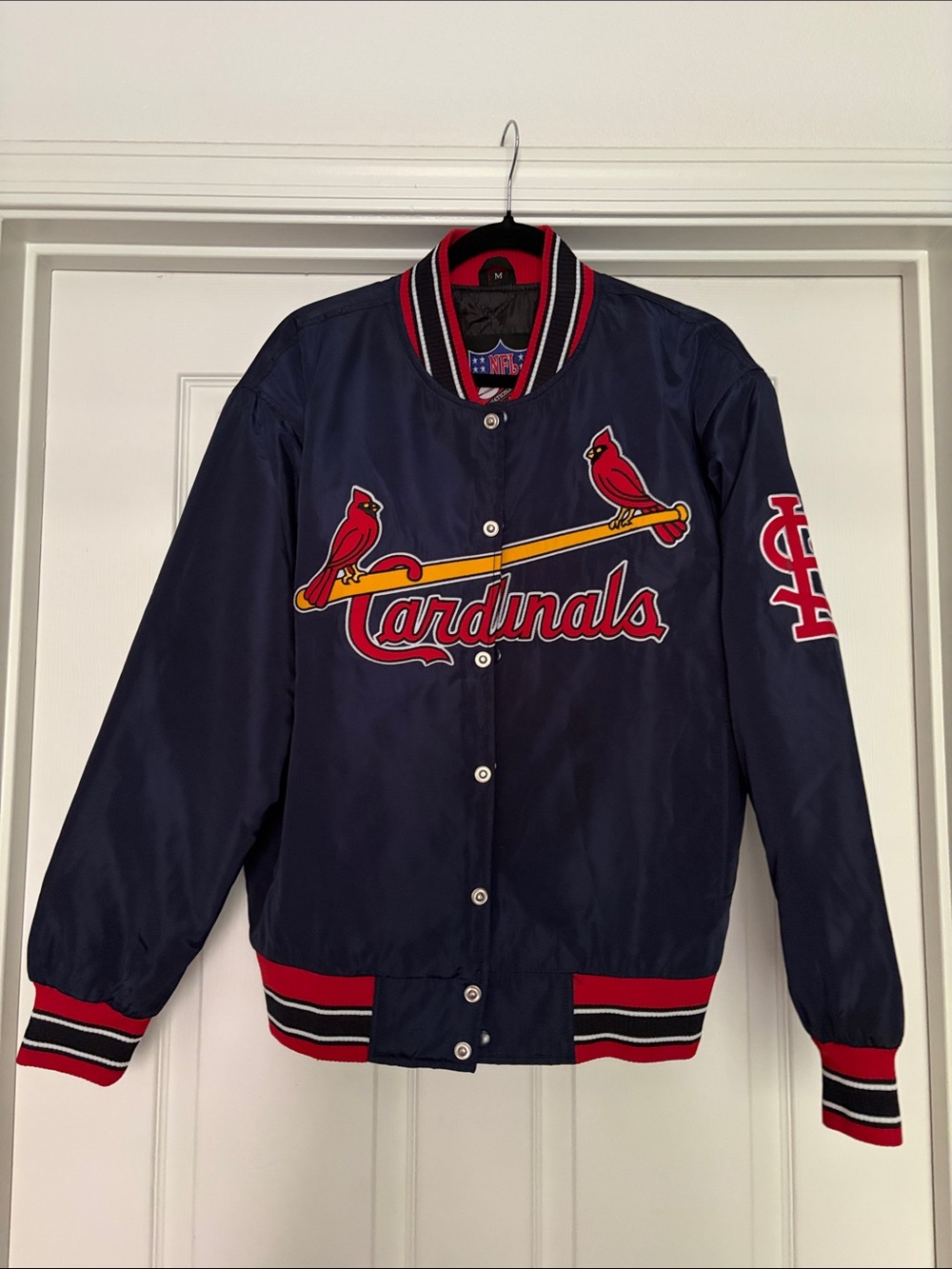 MLB Navy Bomber Jacket with Red and Navy Stripe Trim